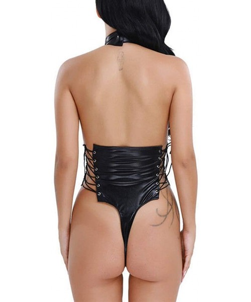 Accessories Women Sexy Bodysuit Artificial Leather Lingerie Elastic Bandage Sleepwear Underwear - Black - C51987ZUWKU