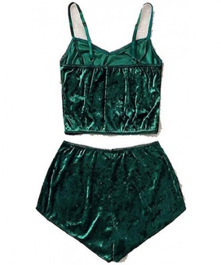 Sets Women's Velvet 2PCS Outfits Spaghetti Strap Crop Top and Shorts Pajama Sets Pjs Lounge Wear - Green - C619D3R00LS
