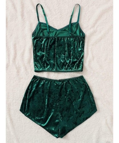 Sets Women's Velvet 2PCS Outfits Spaghetti Strap Crop Top and Shorts Pajama Sets Pjs Lounge Wear - Green - C619D3R00LS