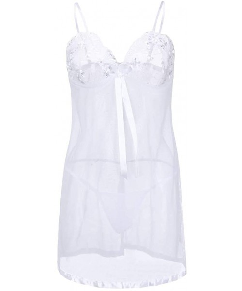 Nightgowns & Sleepshirts Women Plus Size Babydoll Lingerie Back Crisscross Lace Trim Chemise Sleepwear - White - CZ193GT7SU8