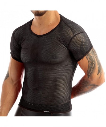 Undershirts Men's Sexy See Through Mesh Sheer T-Shirt Top Clubwear Fishnet Short Sleeve Undershirts Tee Blouse - Black - CE18...