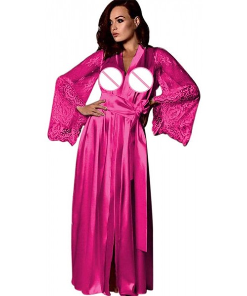 Nightgowns & Sleepshirts Women Satin Long Nightdress Silk Lace Lingerie Nightgown Sleepwear Sexy Robe - Hot Pink - CY18O7GO8RU