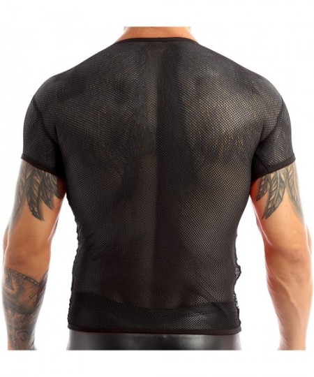 Undershirts Men's Sexy See Through Mesh Sheer T-Shirt Top Clubwear Fishnet Short Sleeve Undershirts Tee Blouse - Black - CE18...
