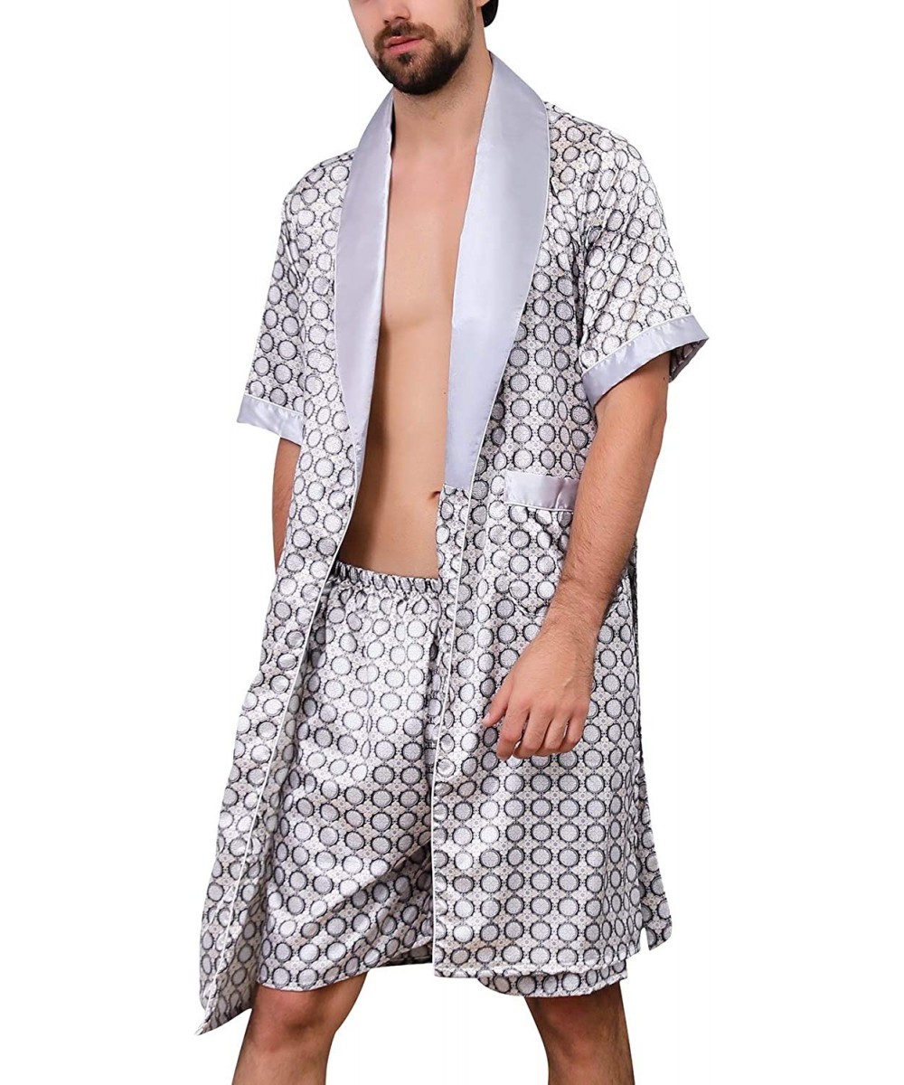 Robes Men's Satin Pajama Set Short Sleeves Summer Pockets Boxer Underwear Spa Bathrobe - Silver - CN18MDNKTYS