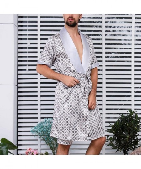Robes Men's Satin Pajama Set Short Sleeves Summer Pockets Boxer Underwear Spa Bathrobe - Silver - CN18MDNKTYS