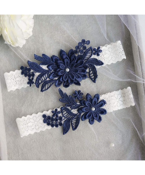 Garters & Garter Belts Wedding Garters Lace Leg Garter Set for Bride Bridal - Navy Blue - CC194KU8U3R