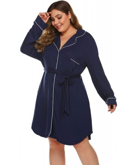 Nightgowns & Sleepshirts Womens Plus Size Nightgowns Sleep Shirt Long Sleeve Button Down Sleepwear Dress Lapel Belt Nightshir...