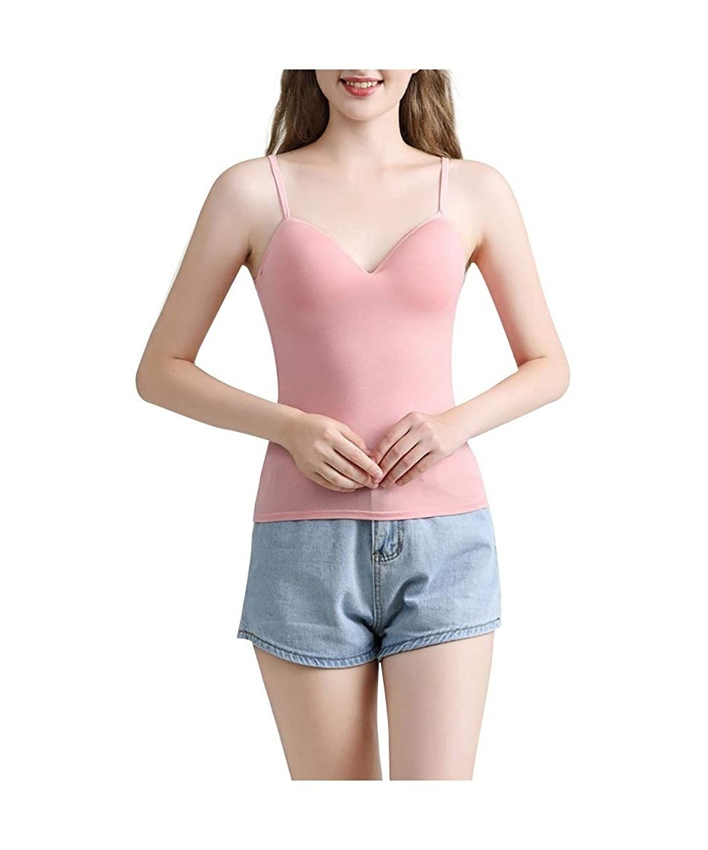 Robes Women Sling Bottoming Sleeveless Vest Top with Chest Pad Without Underwire Bra - Pink - CH194H25LM3