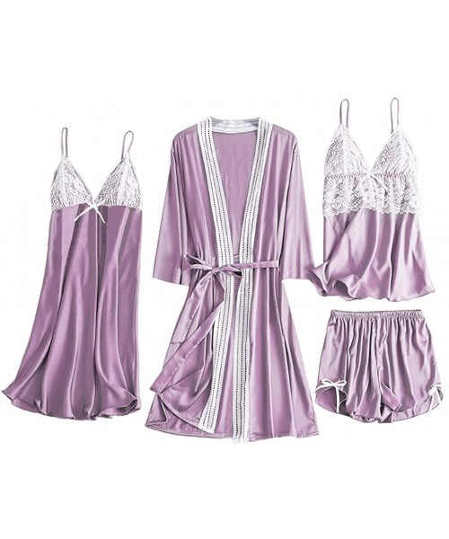 Nightgowns & Sleepshirts Womens Satin Pajamas 4 Pcs Cami + Shorts + Nightgown + Sleep Dress Set Silk Silky Lace Nightwear Sex...