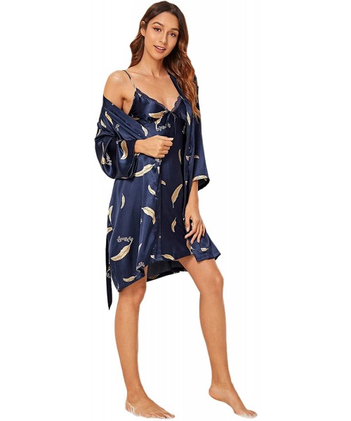 Sets Women's 4 Pieces Feather Print Satin Dress Cami Shorts Pajama Set with Robe - Navy - CO18YYQ6YZE