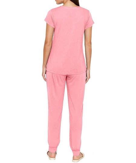 Sets Women's Soft Pajamas Set Short Sleeve V-Neck Sleepwear with Joggers Pants Pjs Sets 2-Piece Loungewear Nightwear - Coral ...