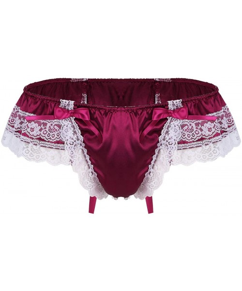 Briefs Mens Satin Ruffled Sissy Lace Girlie Bowknot Panties Briefs Crossdresser Lingerie Underwear - Wine_red - CX19DEX6M8I