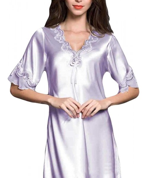 Nightgowns & Sleepshirts Womens Short Sleeve Fashion Solid Color Satin V-Neck Loose Fit Nightgown Sleep Dress - Purple - CI19...