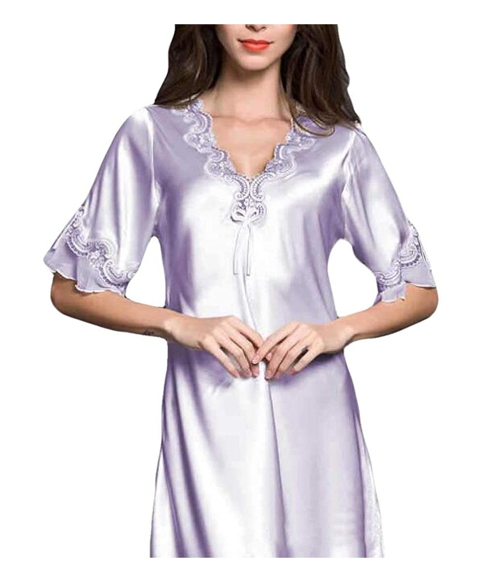 Nightgowns & Sleepshirts Womens Short Sleeve Fashion Solid Color Satin V-Neck Loose Fit Nightgown Sleep Dress - Purple - CI19...
