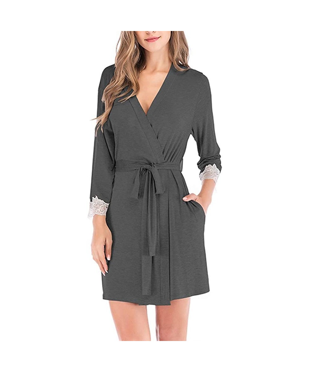 Robes Womens Cotton Lightweight Robes with Long Sleeves Short Knit Bathrobe Soft Sleepwear for Women - Dark Grey - CY19CGZI07N