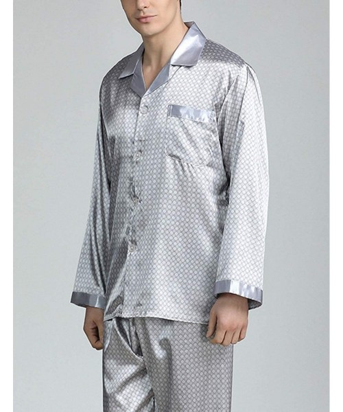 Sleep Sets Men's Long Sleeve Silk Satin Classic Printed Pajama Set Luxury Silky Pajamas Sleepwear - Grey 02 - CH199UMDT5R