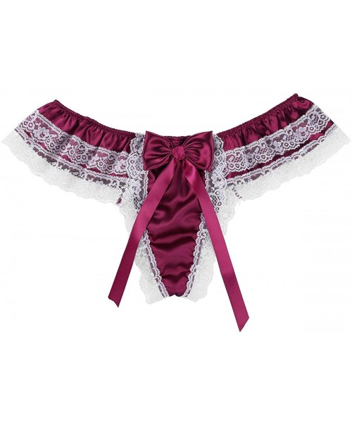 Briefs Mens Satin Ruffled Sissy Lace Girlie Bowknot Panties Briefs Crossdresser Lingerie Underwear - Wine_red - CX19DEX6M8I