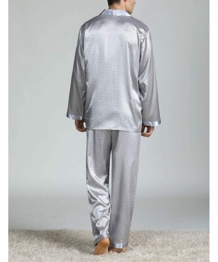 Sleep Sets Men's Long Sleeve Silk Satin Classic Printed Pajama Set Luxury Silky Pajamas Sleepwear - Grey 02 - CH199UMDT5R
