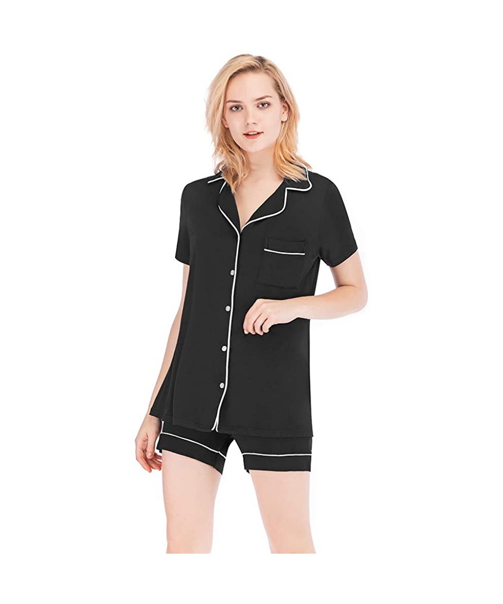 Sets Women's Short Sleeves Sleepwear Clothing Set Button Down Pajamas Notch Collar Shorts Nightwear - Black - CB1972WWGI4