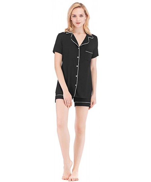Sets Women's Short Sleeves Sleepwear Clothing Set Button Down Pajamas Notch Collar Shorts Nightwear - Black - CB1972WWGI4