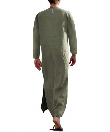 Robes Men's V-Neck Short Sleeve Home Robe Side Split Kaftan Cotton Long Gown Thobe - Army Green 1 - CH18U9HQEUW