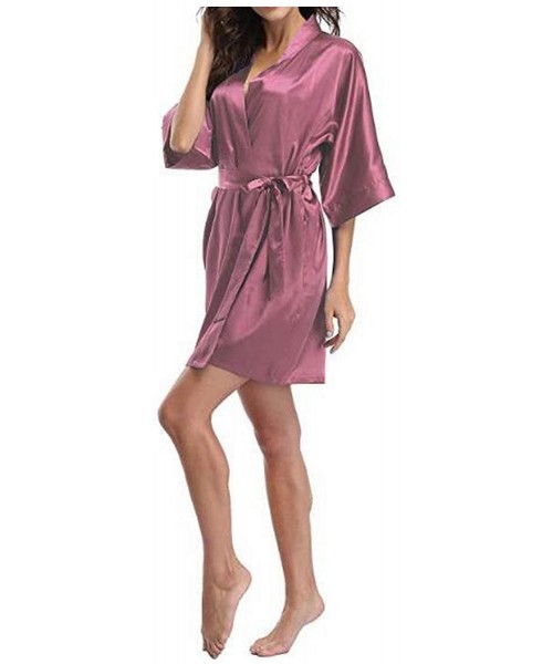 Robes Women's Satin Wedding Kimono Bride Robe Sleepwear Bridesmaid Pajamas Bathrobe Nightgown Dressing Gown - Dark Pink - C71...