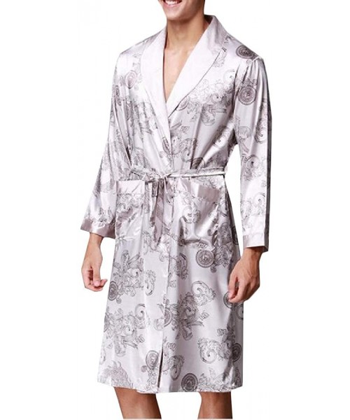 Robes Mens Lounge Homewear Print Bathrobe Cozy Long Sleeve Robe with Pocket - Dark Grey - CG18T57E7A6