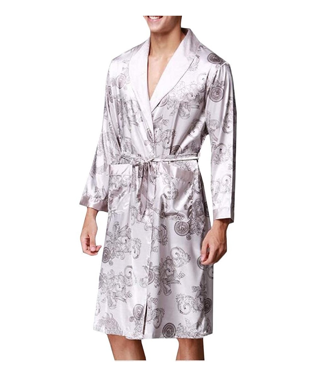 Robes Mens Lounge Homewear Print Bathrobe Cozy Long Sleeve Robe with Pocket - Dark Grey - CG18T57E7A6