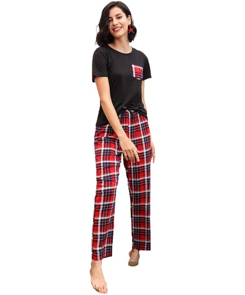 Sets Women's Cartoon Print Short Sleeve Tee and Pants Sleepwear PJ Pajama Set - Red Grid - CU19EE957WM