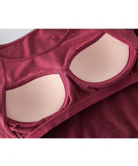 Thermal Underwear Women Thermal Long Sleeve T-Shirts with Built in Bra-Basic Undershirt Padded Bra Tops for Yoga - A-wine - C...