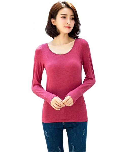 Thermal Underwear Women Thermal Long Sleeve T-Shirts with Built in Bra-Basic Undershirt Padded Bra Tops for Yoga - A-wine - C...