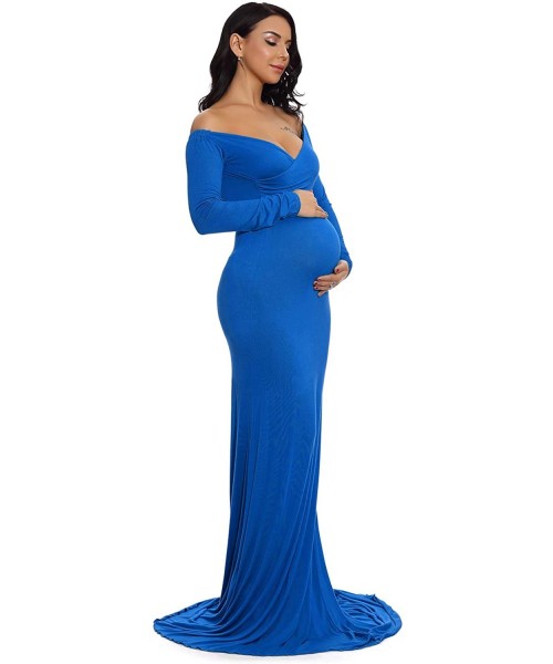 Nightgowns & Sleepshirts Maternity Fitted Gown V Neck Ruched Off Shoulder Long Sleeve Maxi Photography Dress - Blue - CW18HAY...