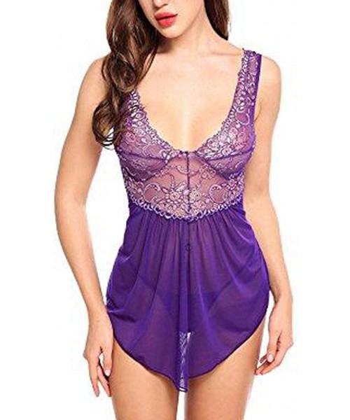 Bustiers & Corsets Women Lace Lingerie Underwear Set Pajama Suit Short Skirt Sexy Bra Briefs Set - Purple - C818YK3MKQI