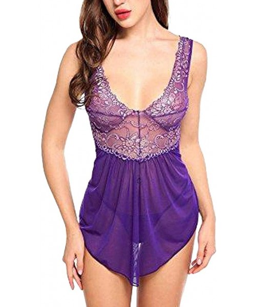 Bustiers & Corsets Women Lace Lingerie Underwear Set Pajama Suit Short Skirt Sexy Bra Briefs Set - Purple - C818YK3MKQI