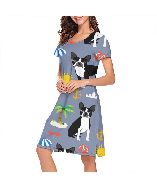 Nightgowns & Sleepshirts Boston Terrier Beach Summer Dog Sleepwear Women's Nightgown Cotton Sleep Shirt Animal Sleep Tee Nigh...