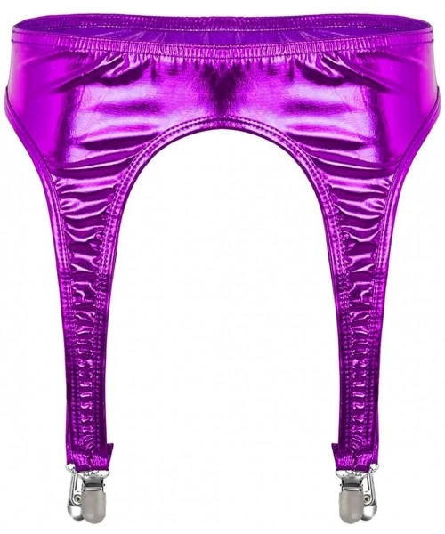 Garters & Garter Belts Women's PVC Leather Garter Belt Stocking Bottoms with 4 Metal Duck-Mouth Clips Suspender - Purple - C5...