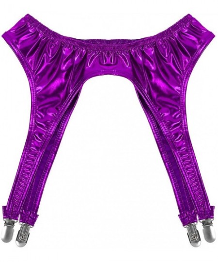 Garters & Garter Belts Women's PVC Leather Garter Belt Stocking Bottoms with 4 Metal Duck-Mouth Clips Suspender - Purple - C5...