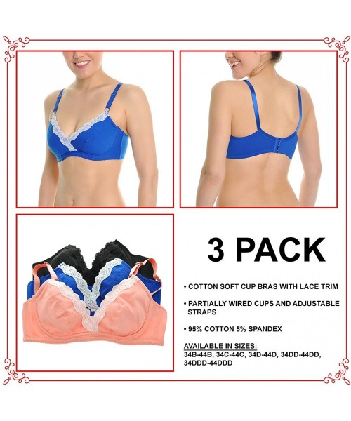 Bras Women's Cotton Soft Cup Bras with Lace Trim (3-Pack) - CR18CY0CQQ2