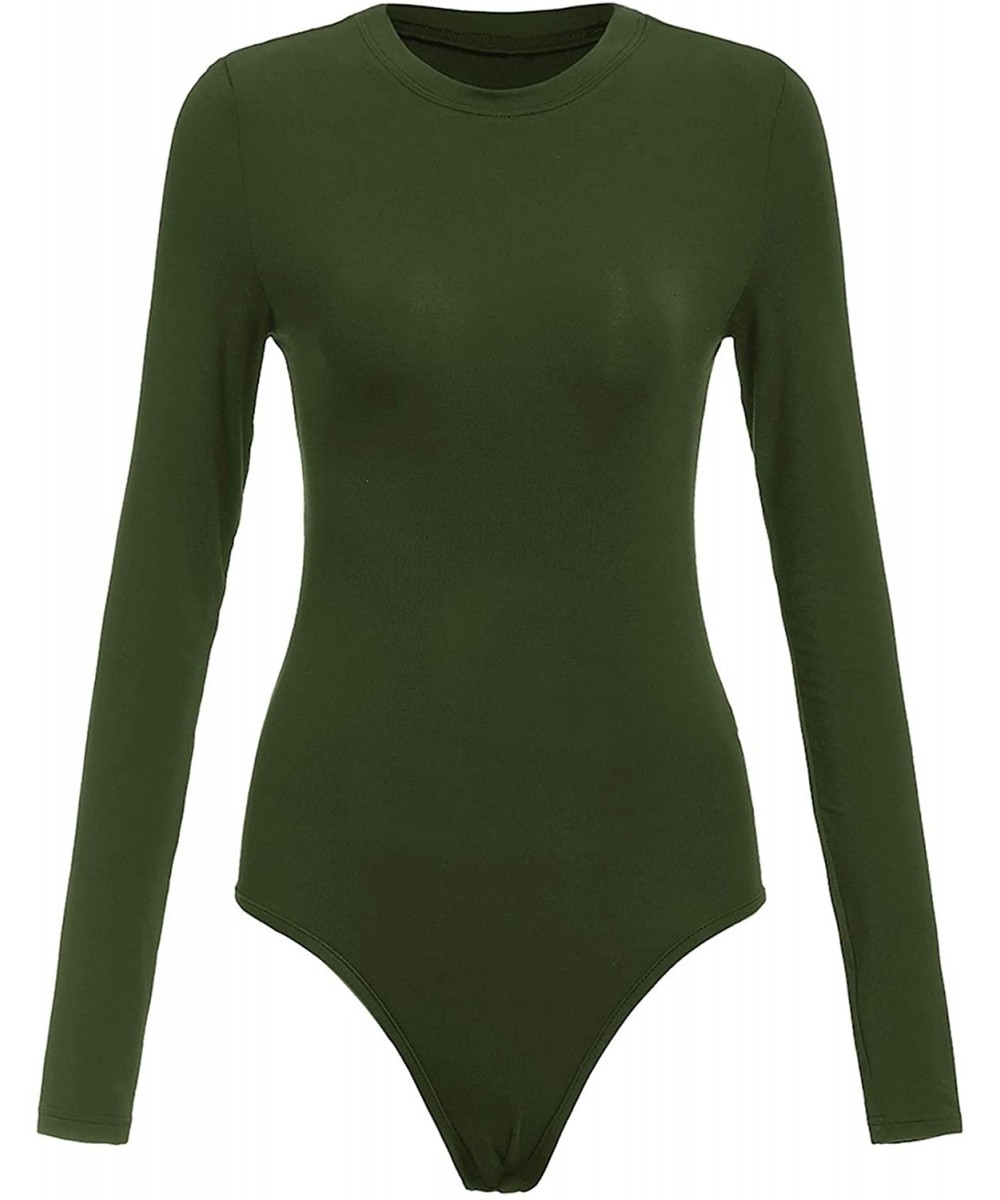 Shapewear Women's Crew Neck Bodycon Leotard Top Long Sleeve Bodysuit - Army Green - CF18IDDICYR