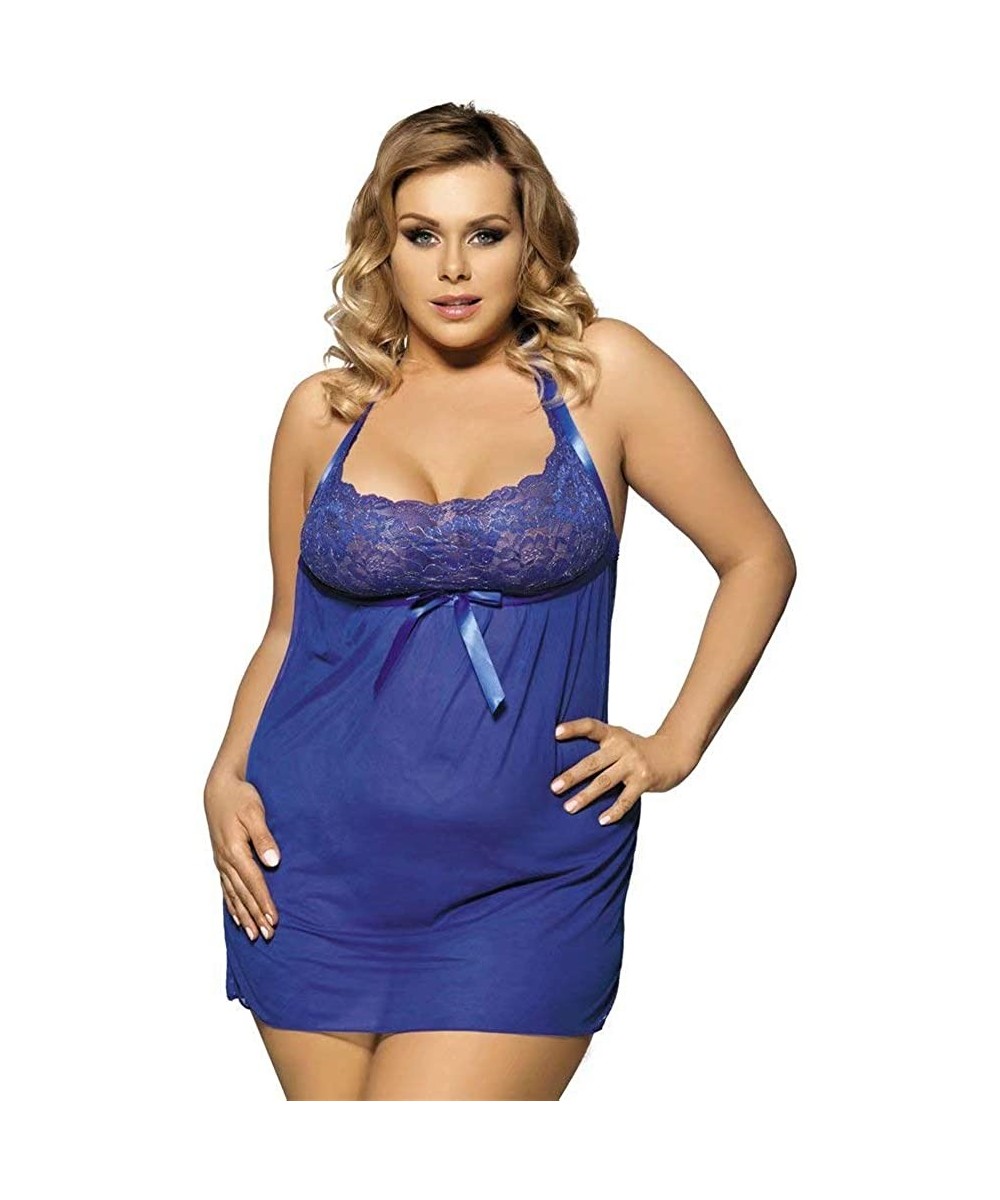 Baby Dolls & Chemises Sexy Halter Lingerie Set Plus Size Lace Chemise Babydoll Nightwear - Blue - CX18Y4GAXN8