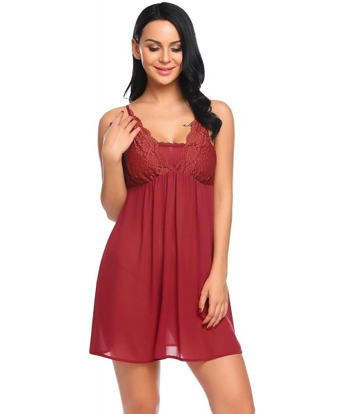 Baby Dolls & Chemises Women Lingerie Lace Babydoll V Neck Sleepwear Strap Chemise with G-String - Wine Red - CO180A53RL0