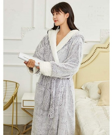 Robes Women's Plush Fleece Hooded Robe-Soft Shaggy Long Housecoat Thick Kimono Bathrobe Winter Sleepwear - Gray - CJ198DHDTSO