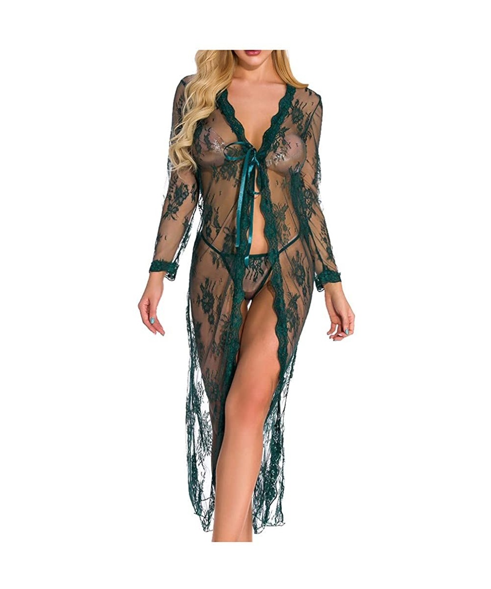Accessories Women Sexy Long Lace Dress Sheer Gown See Through Lingerie Kimono Robe Swimsuit Cover Up - Green - C518AGQMECU