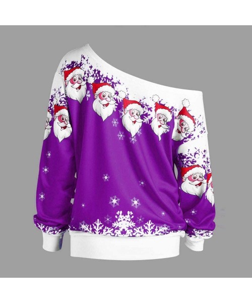 Shapewear Womens Christmas Santa Off Shoulder Asymmetric Snowflake Sweater Pullover - X9-hot Pink - C41934ANC2L