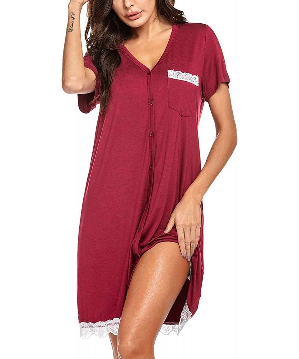 Nightgowns & Sleepshirts Women's Button Up Short Sleeve Nightwear Sleepshirt Stripe Print Shirts Breastfeeding Sleep Dress Pa...