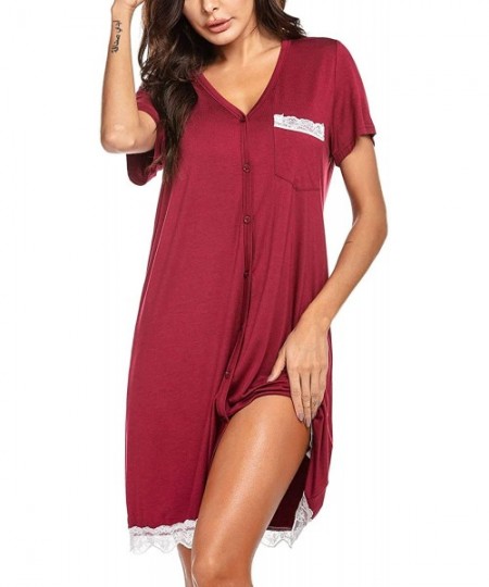Nightgowns & Sleepshirts Women's Button Up Short Sleeve Nightwear Sleepshirt Stripe Print Shirts Breastfeeding Sleep Dress Pa...
