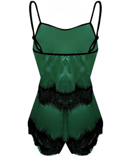 Robes Women Sleepwear Sleeveless Strap Nightwear Lace Trim Satin Cami Top Pajama Sets - H-green - CX18UMYRQ0N