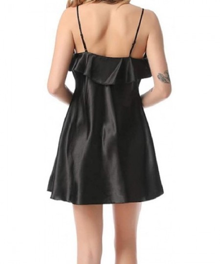 Nightgowns & Sleepshirts Womens Silky Solid Colored Sling Sexy Summer Charmeuse Ruffle Sleepwear - Black - C0199SNEY6N