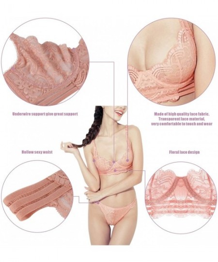 Bras Women's Sexy Soft Lace Lingerie Set See Through Underwear Floral Lace Underwire Sheer Bra and Panty Set - Pink - CL18G27...