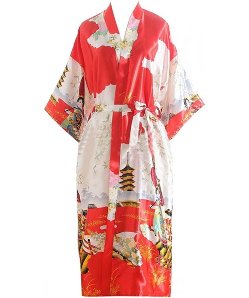 Robes Peacock Kimono Satin Bathrobe Sleepwear Nightgown Long Robe - Red - CK18DOD0006